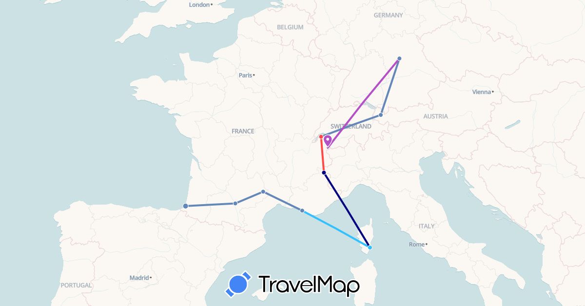 TravelMap itinerary: driving, cycling, train, hiking, boat in Austria, Germany, France (Europe)